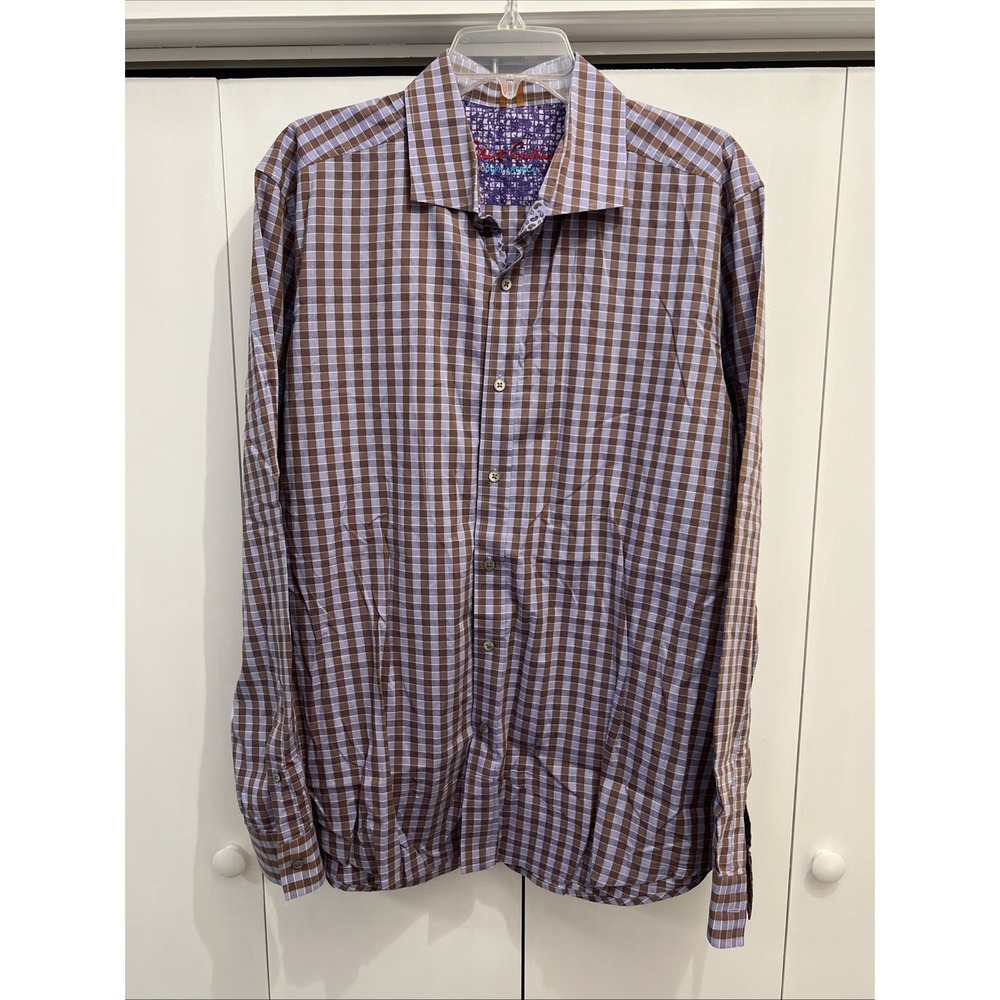 Robert Graham Shirt Men XL Purple/Brown Checkered Print Tailored Fit Button Up